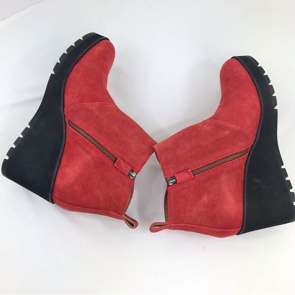 Eileen Fisher TINKER Brick Red Suede Leather Wedge Heel Lug Sole Ankle Bootie - Picture 7 of 16